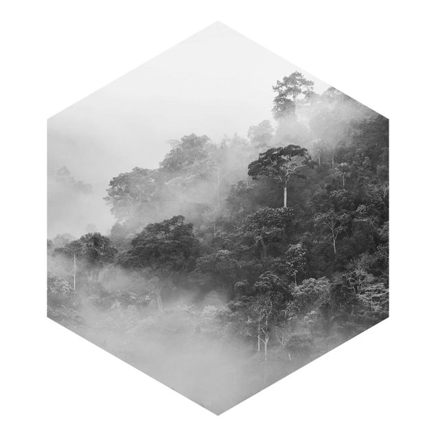 Hexagon Behang Jungle In The Fog Black And White