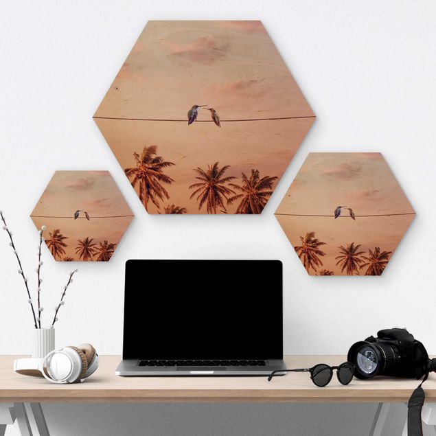 Hexagons houten schilderijen Sunset With Hummingbird