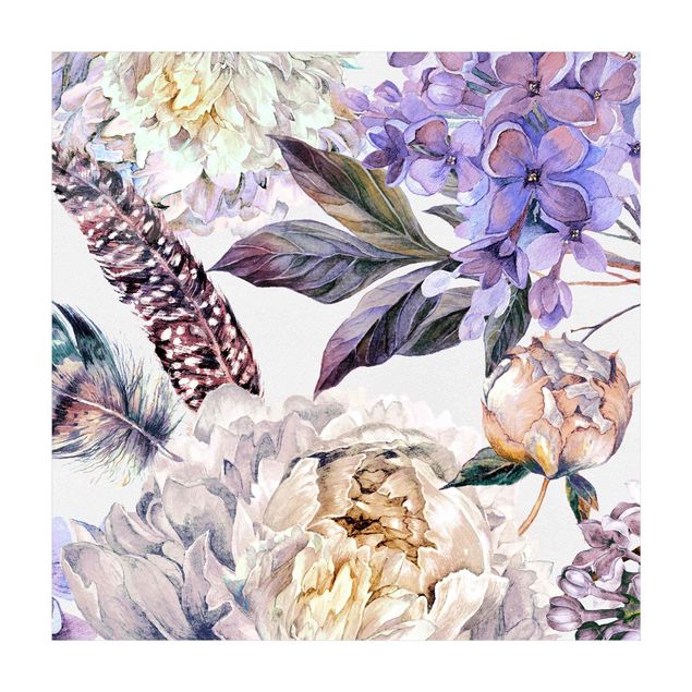 Vloerkleed natuur Delicate Watercolour Boho Flowers And Feathers Pattern