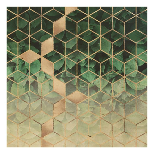 Houten schilderijen Green Leaves Golden Geometry