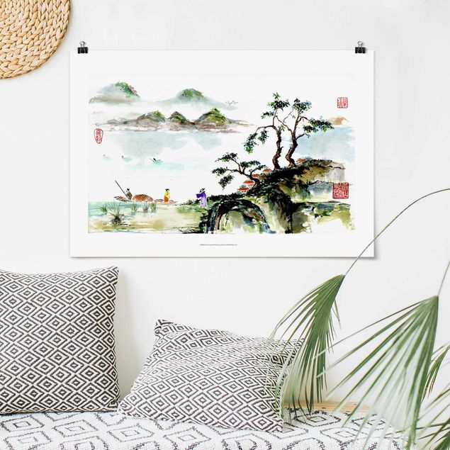 Posters Japanese Watercolour Drawing Lake And Mountains