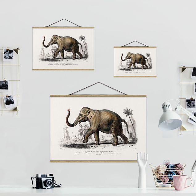 Stoffen schilderij met posterlijst Vintage Board Elephant