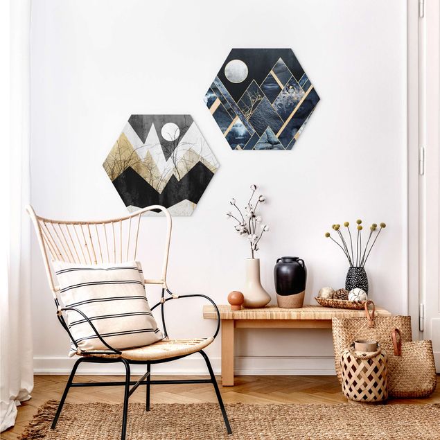 Hexagons Forex schilderijen - 2-delig Golden Moon And Geometric Mountains