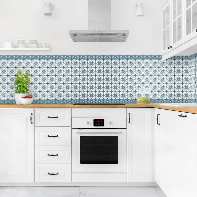 Achterwand voor keuken tegelmotief Geometrical Tile Mix Flower Blue Grey