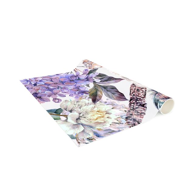 Vloerkleed pastel Delicate Watercolour Boho Flowers And Feathers Pattern
