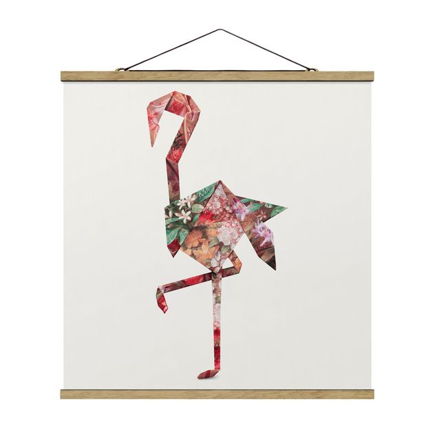 Stoffen schilderij met posterlijst Origami Flamingo