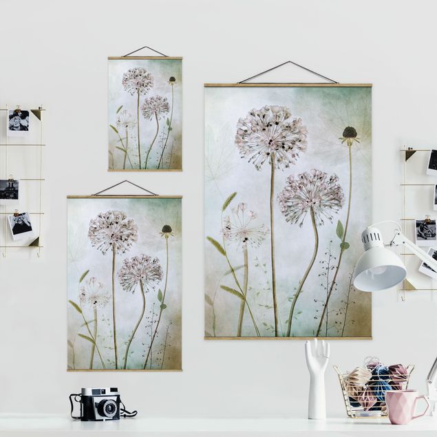 Stoffen schilderij met posterlijst Allium flowers in pastel