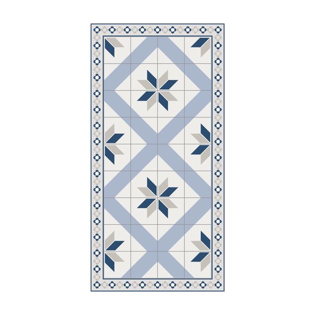 blauw tapijt Geometrical Tiles Rhombic Flower Pigeon Grey With Narrow Border