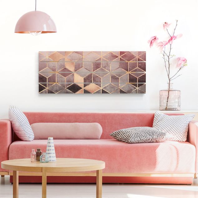 Houten schilderijen op plank Pink Grey Golden Geometry