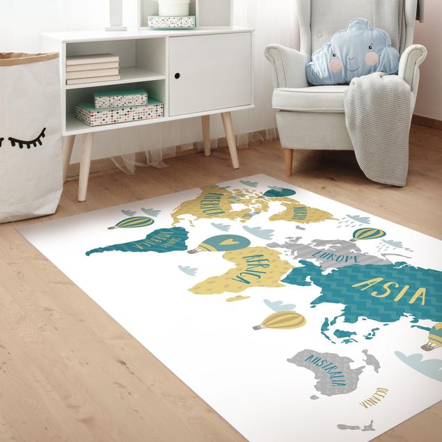 tapijt wereldkaart World Map with Hot-Air Balloon