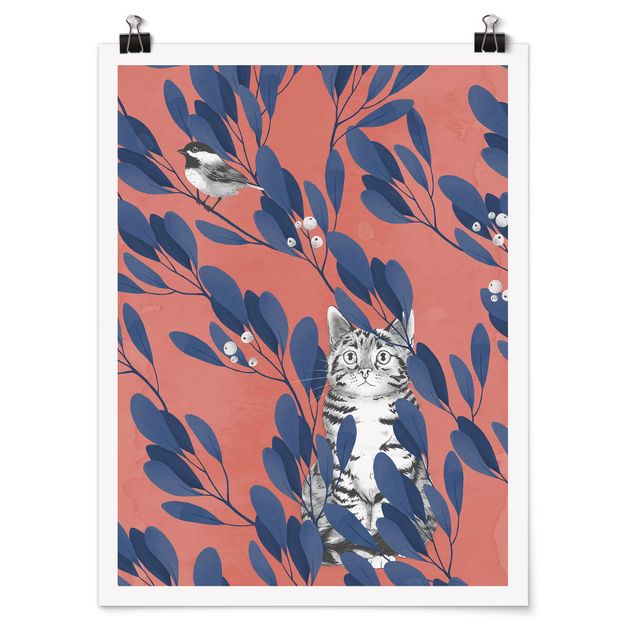 Posters Illustration Cat And Bird On Branch Blue Red