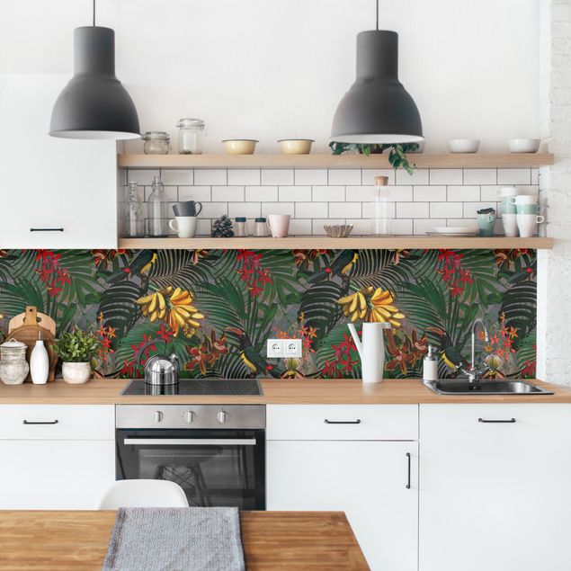 Achterwand voor keuken dieren Tropical Ferns With Tucan Green