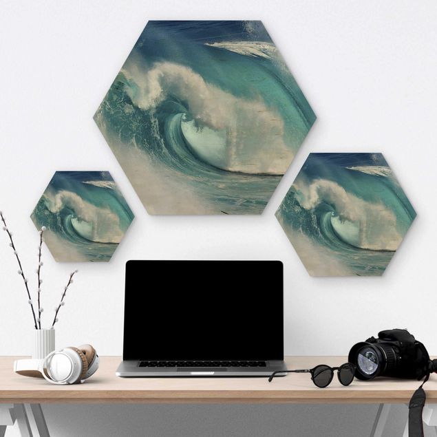 Hexagons houten schilderijen Raging Waves