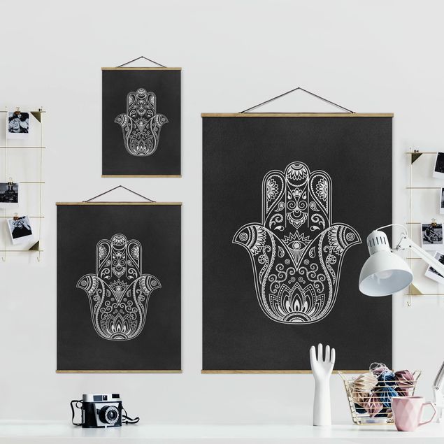 Stoffen schilderij met posterlijst Mandala Hamsa Hand Lotus Set On Black