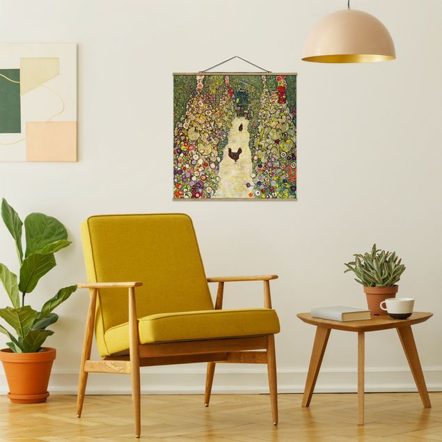 Stoffen schilderij met posterlijst Gustav Klimt - Garden Path with Hens