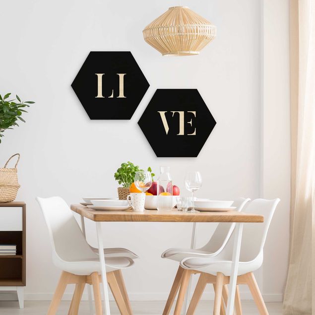 Hexagons houten schilderijen - 2-delig Letters LIVE White Set I