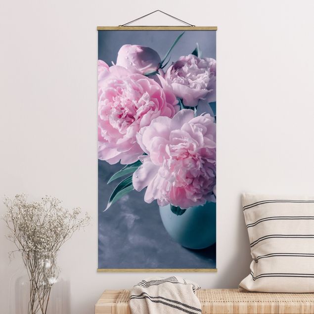 Stoffen schilderij met posterlijst Vase With Light Pink Peony Shabby