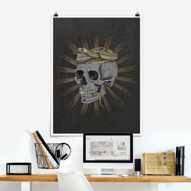 Posters Illustration Skull And Snake Black Gold