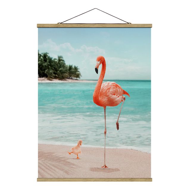 Stoffen schilderij met posterlijst Beach With Flamingo