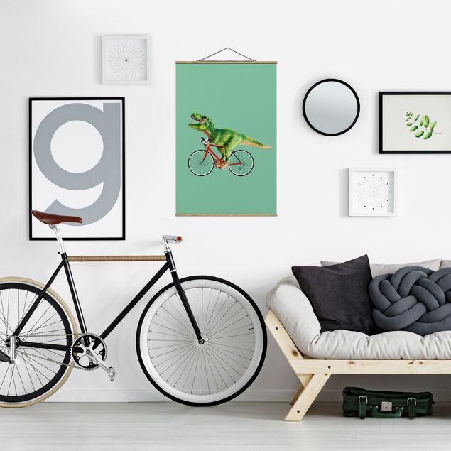 Stoffen schilderij met posterlijst Dinosaur With Bicycle