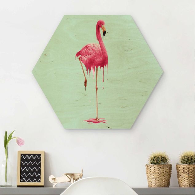 Hexagons houten schilderijen Melting Flamingo