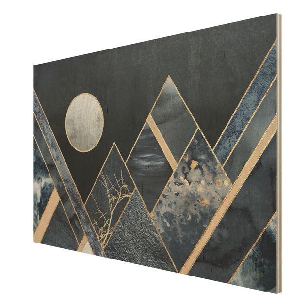 Houten schilderijen Golden Moon Abstract Black Mountains