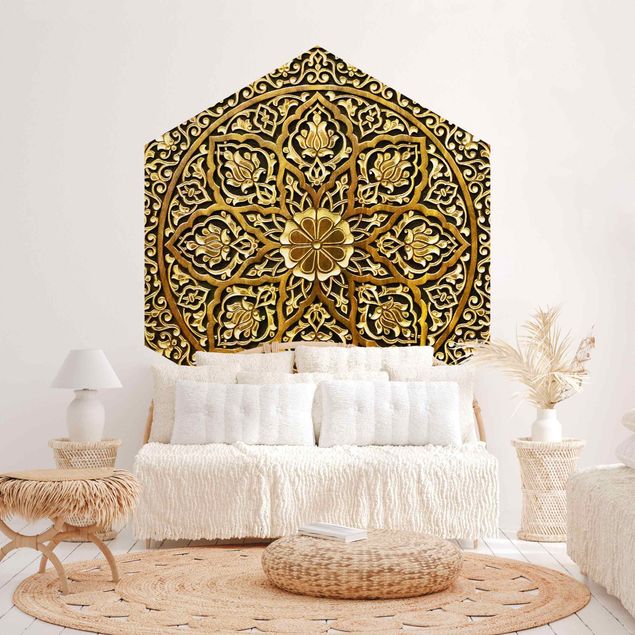 Hexagon Behang Noble Mandala In Wood Look