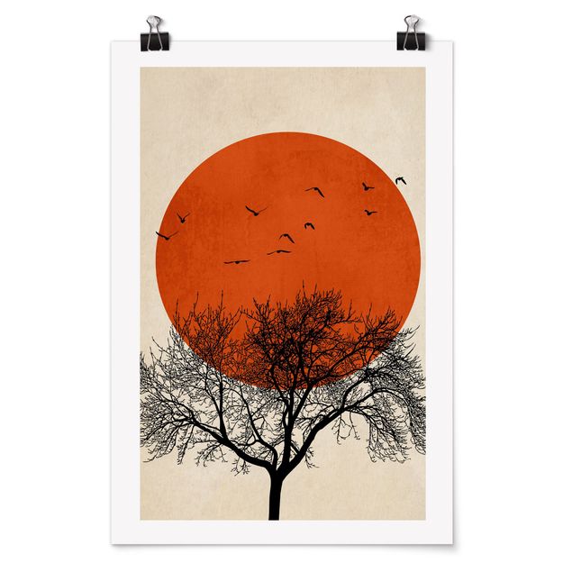 Posters Flock Of Birds In Front Of Red Sun II