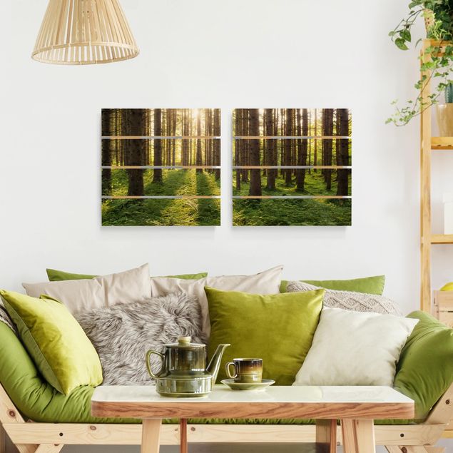 Houten schilderijen op plank - 2-delig Sun Rays In Green Forest