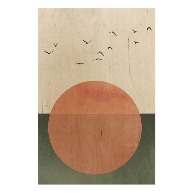 Houten schilderijen Flock Of Birds In Front Of Rising Sun