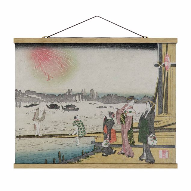 Stoffen schilderij met posterlijst Katsushika Hokusai - A cool Evening in Ryogoku
