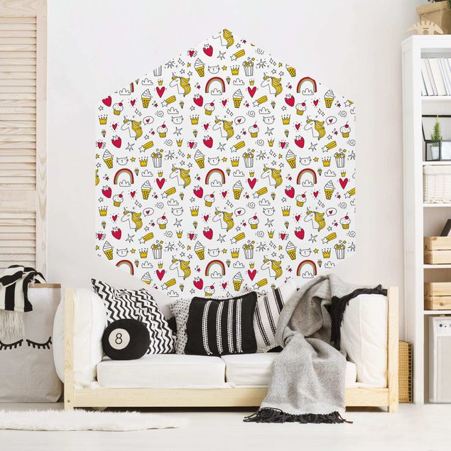 Hexagon Behang Unicorns And Sweets In Yellow And Red