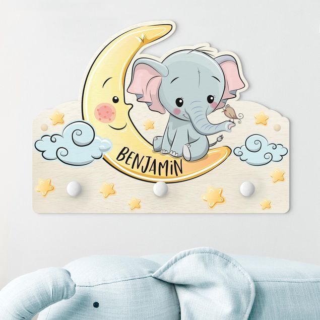 Wandkapstokken voor kinderen Elephant Moon With Customised Name