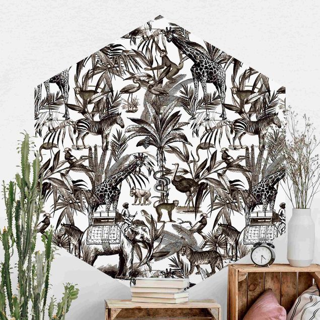 Hexagon Behang Elephants Giraffes Zebras And Tiger Black And White With Brown Tone