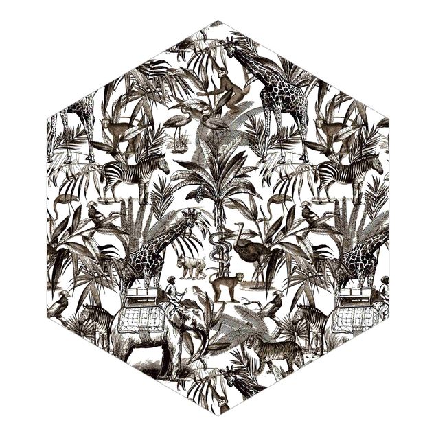 Hexagon Behang Elephants Giraffes Zebras And Tiger Black And White With Brown Tone