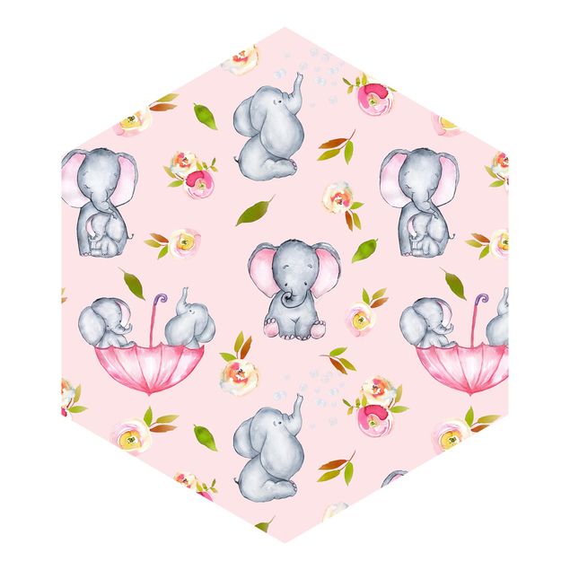 Hexagon Behang Elephant With Flowers In Front Of Pink