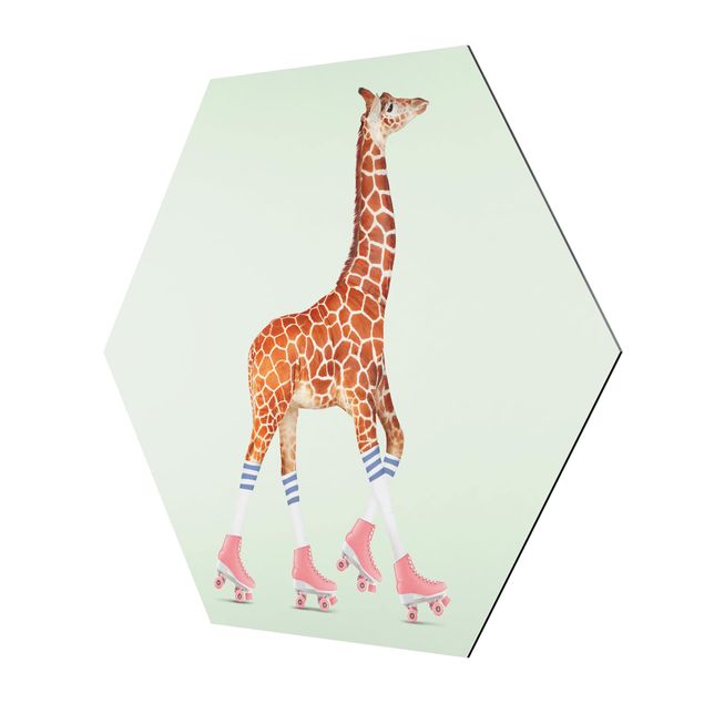 Hexagons Aluminium Dibond schilderijen Giraffe With Roller Skates