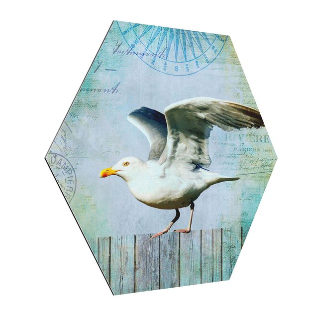 Hexagons Aluminium Dibond schilderijen Vintage Collage - Seagull On Wooden Planks