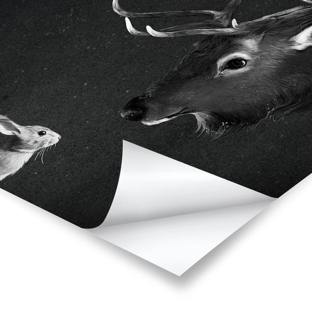 Posters Illustration Deer And Rabbit Black And White Drawing
