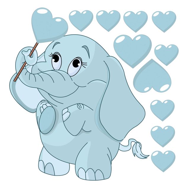 Muurstickers harts Baby Elephant With Blue Hearts
