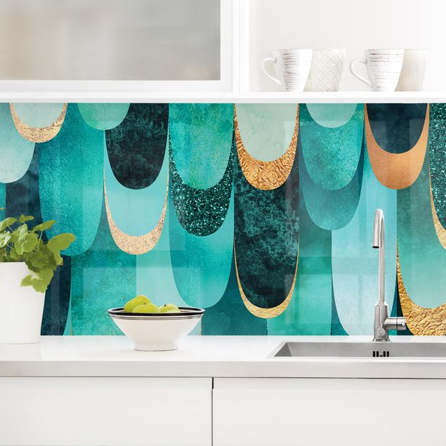 Achterwand voor keuken patroon Feathers Gold Turquoise
