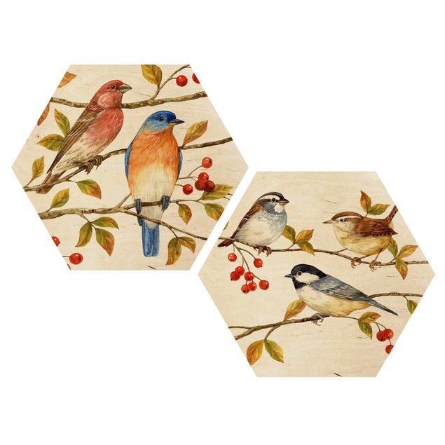 Hexagons houten schilderijen - 2-delig Birds And Berries Set I