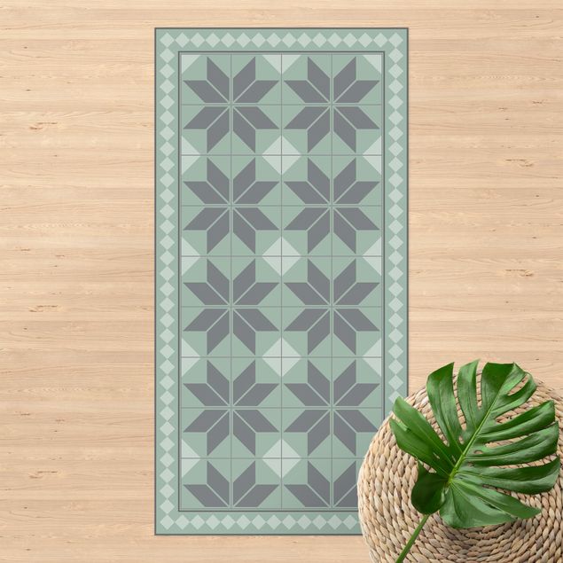 Loper tapijt Geometrical Tiles Star Flower Mint Green Shade With Narrow Border