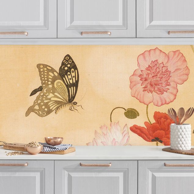 Achterwand voor keuken bloemen Yuanyu Ma - Poppy Flower And Butterfly