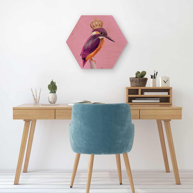 Hexagons houten schilderijen Pink Kingfisher With Crown