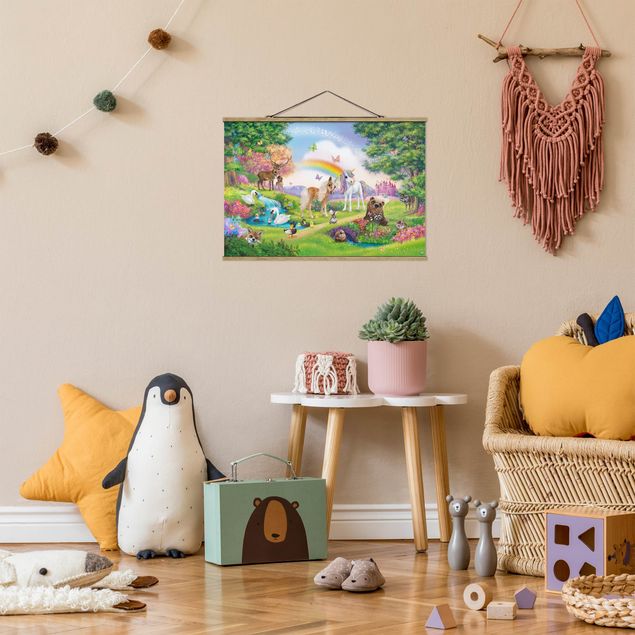 Stoffen schilderij met posterlijst Enchanted Forest With Unicorn