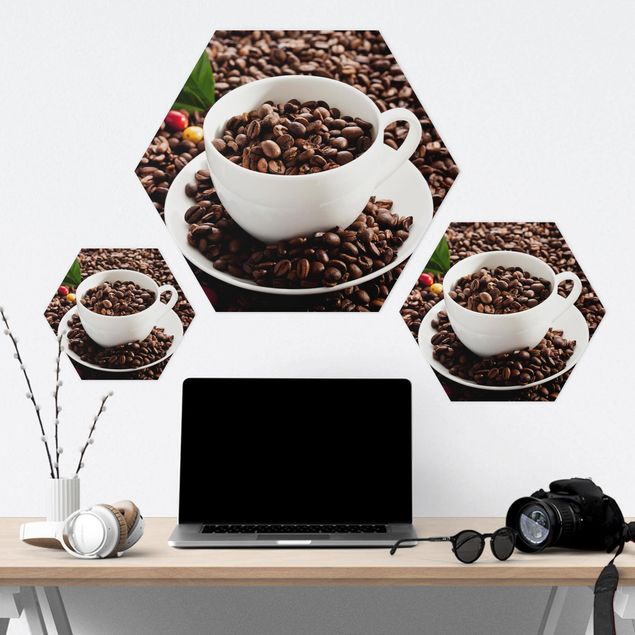 Hexagons Forex schilderijen Coffee Cup With Roasted Coffee Beans