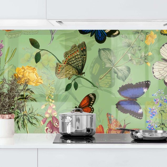 Achterwand voor keuken patroon Butterflies With Flowers On Green