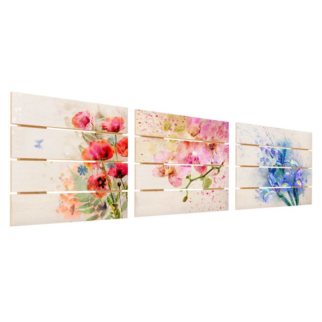 Houten schilderijen op plank - 3-delig Watercolour Flower Trio