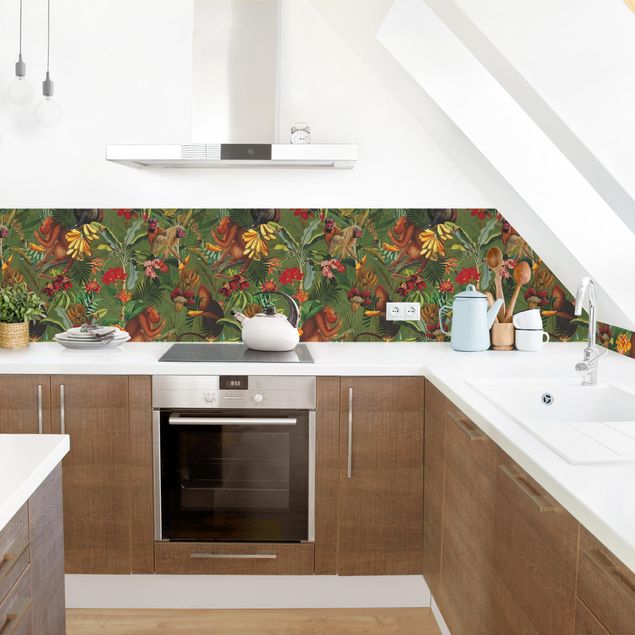 Achterwand voor keuken patroon Tropical Flowers With Monkeys